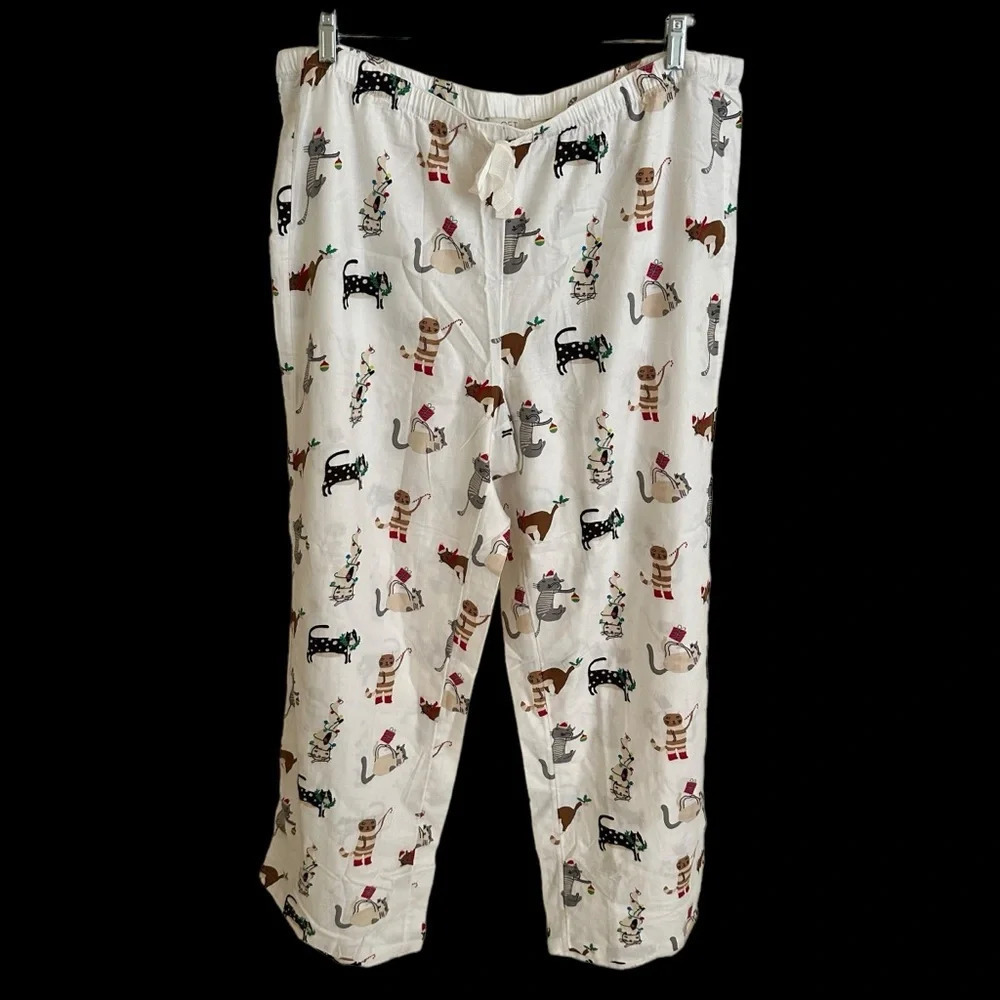 Loft Womens XL Kitty Cat Flannel Wide Leg Pajama Pants Christmas Holiday Cream